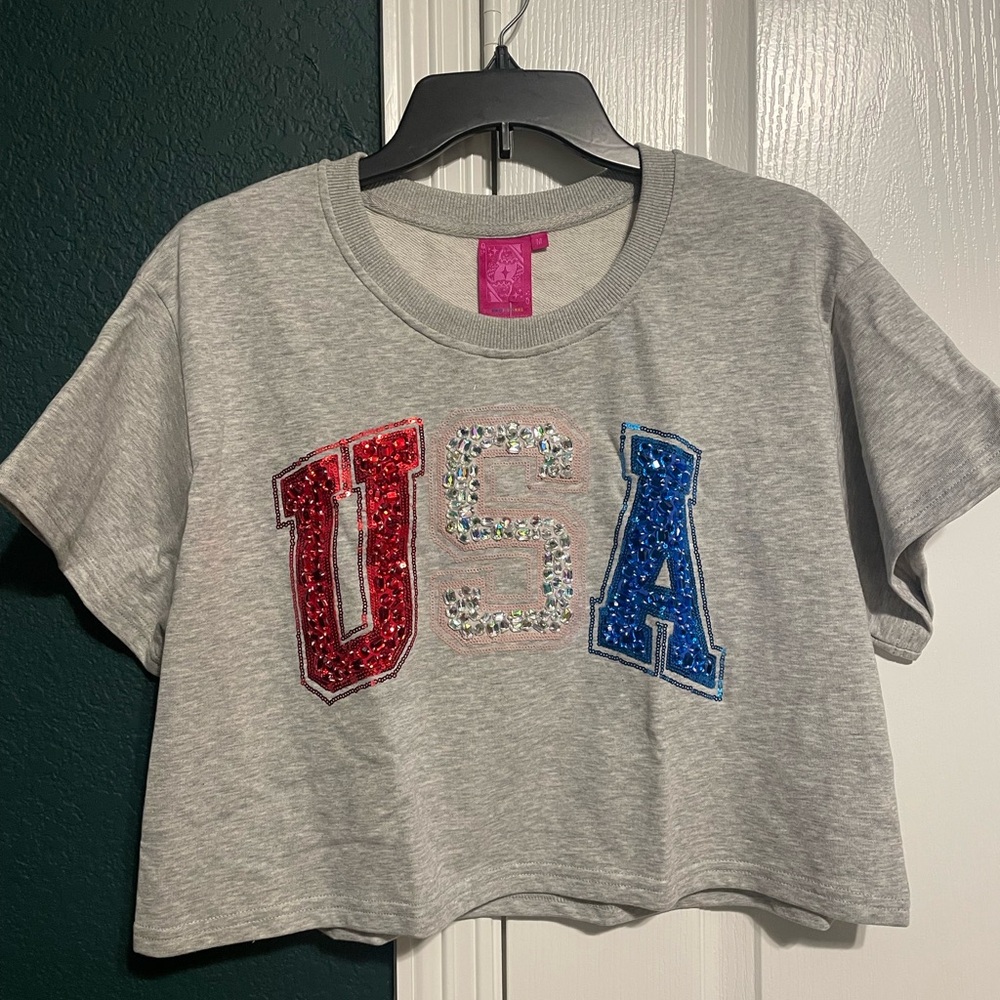 QUEEN OF SPARKLES Gray Rhinestone USA Tee